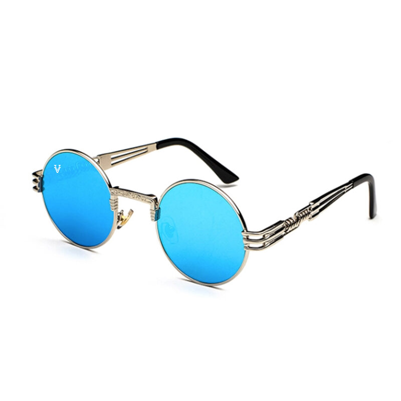 Runda Solglasögon med blått spegelglas och silver båge
