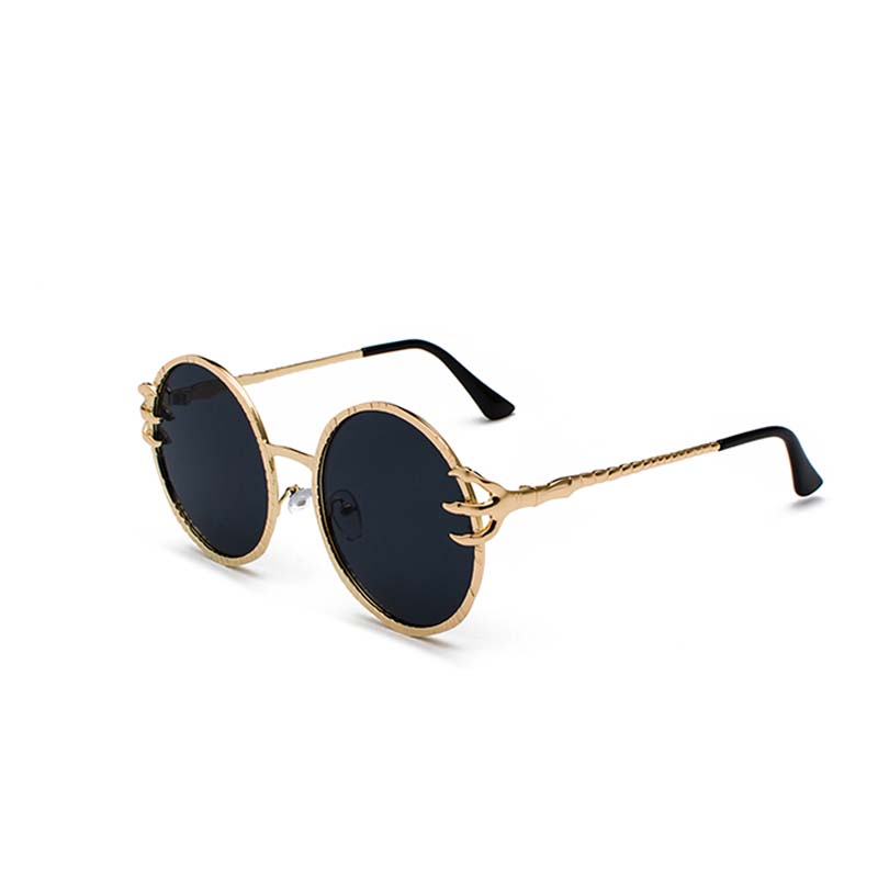 Runda solglasögon med svart glas och guldiga bågar