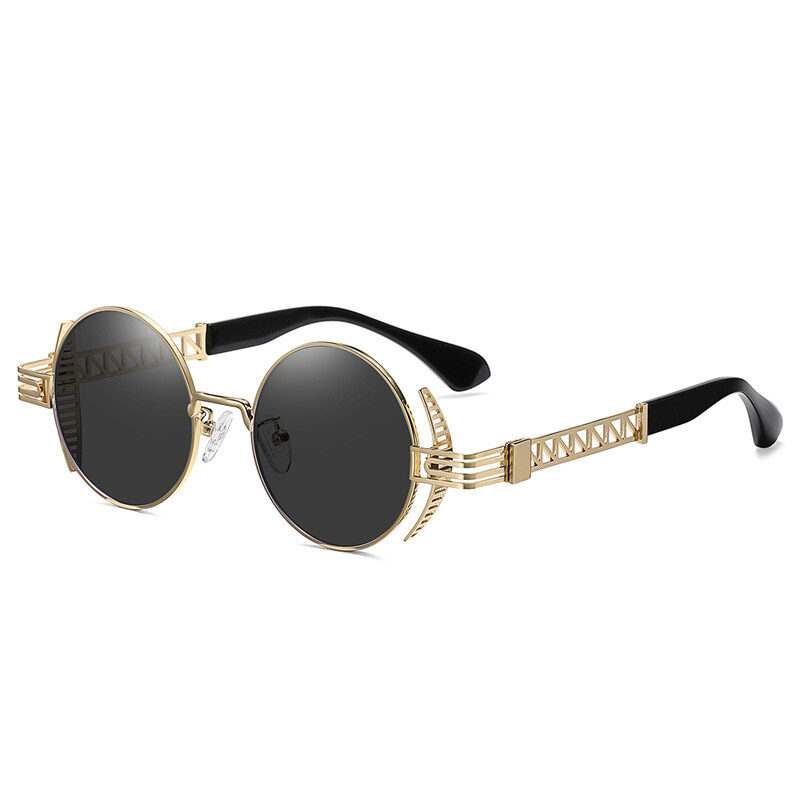 Runda solglasögon med svarta glas och guldiga bågar.