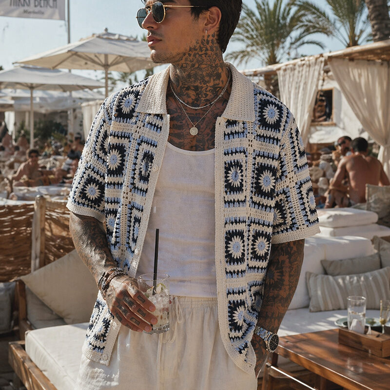 Ibiza stickad kortärmad blå